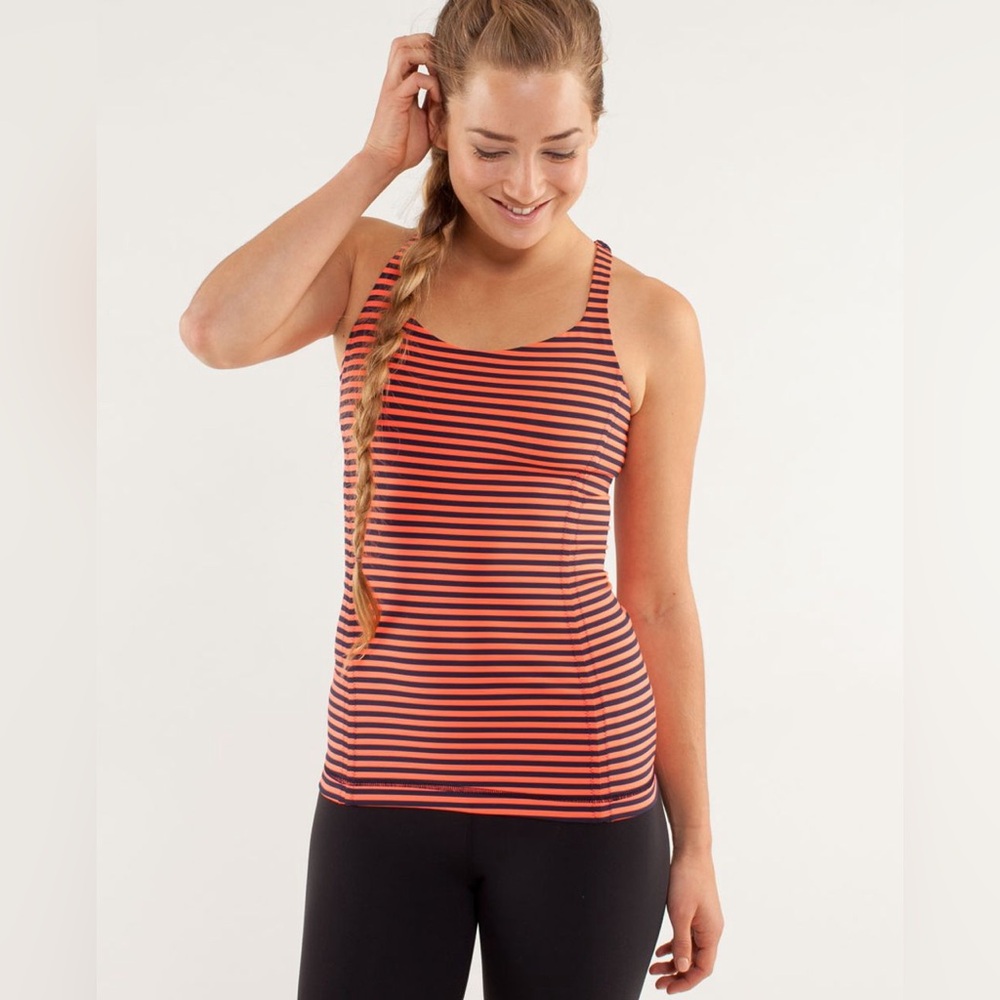 Lululemon 🍋 Free to Be Tank Top Size 6 Orange Black Classic Stripe Built in Bra